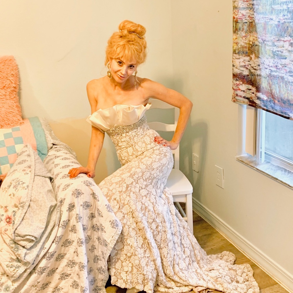 New wedding gown . Beaded lace satin trim